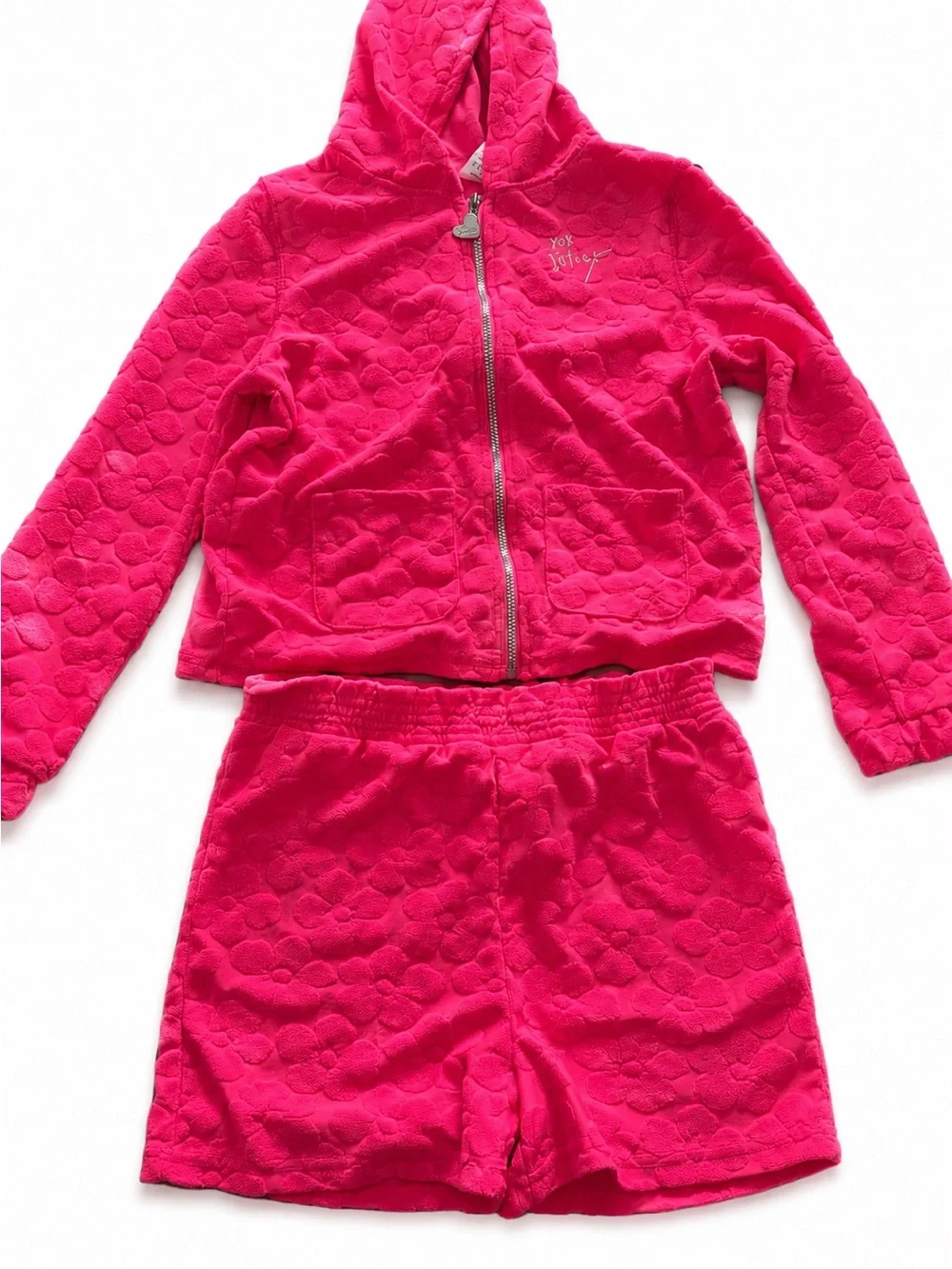 Betsey Johnson Girls Size 12 Pink Floral Textured Hoodie & Shorts 2 Piece set